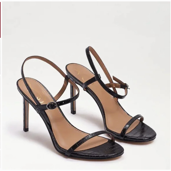 NWT Sam Edelman Doran Strappy Heel 9.5 Sandal Croc Embossed Black Leather - Picture 1 of 6